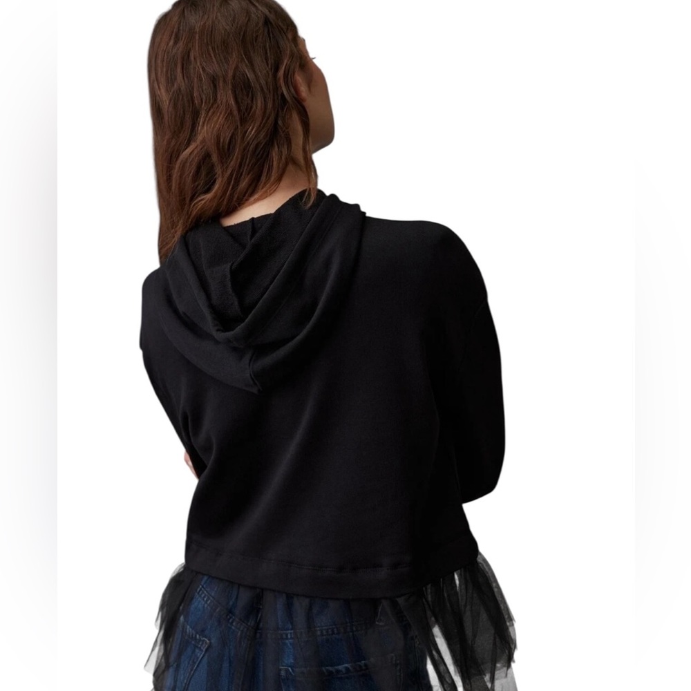 Anthropologie Black Hooded Sweatshirt with Tulle Hem - Picture 3 of 11